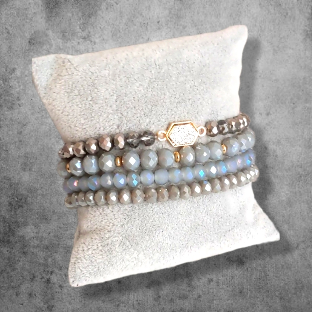 Silver & Gray Crystal Beaded Boho Bracelets Multi Layer Stretch Natural Gemstone - Picture 3 of 12
